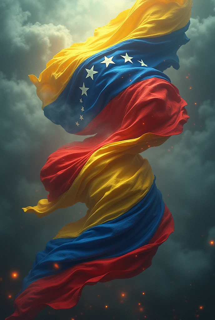 Surreal image of the two flags of Venezuela and Colombia waving and tangled