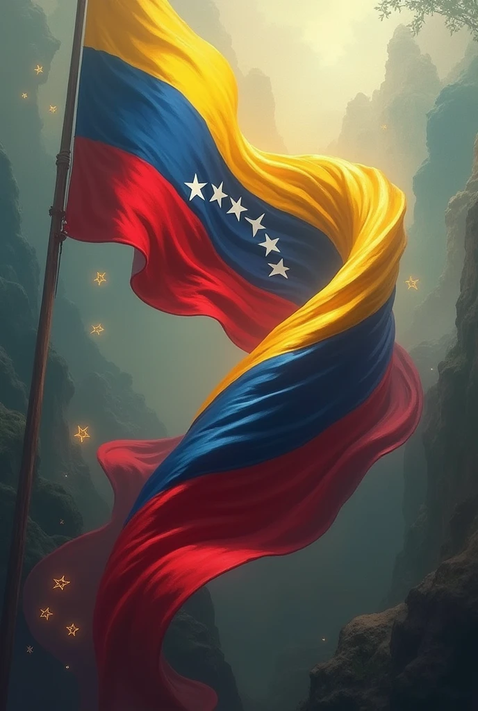 Surreal image of the two flags of Venezuela and Colombia waving and tangled