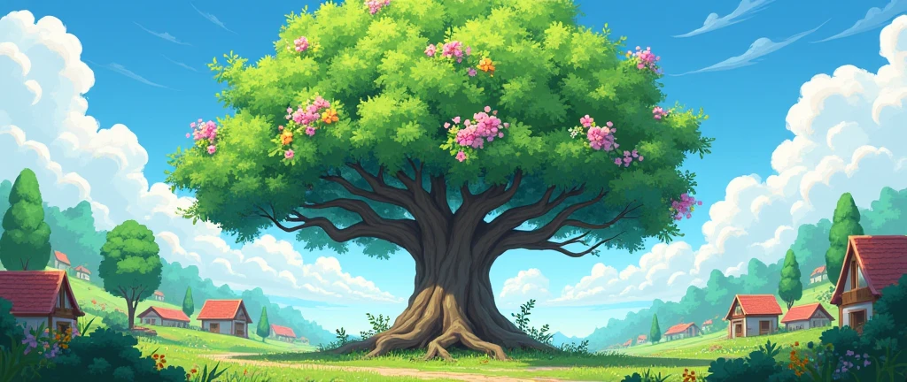 . The tree should have lush, green leaves, colorful flowers, and branches stretching high, symbolizing its connection to the villagers’ kindness.