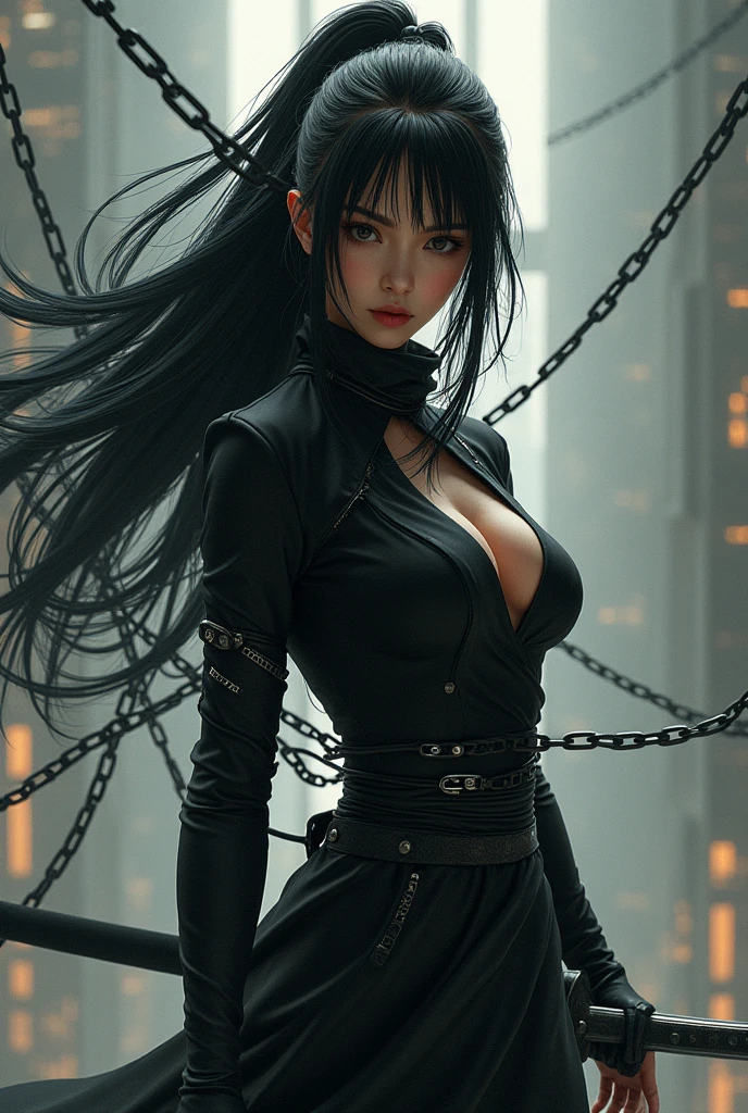 a female ninja with flowing black hair, intricate chained weaponry, chains emanating from all directions, chains flying randomly towards the viewer, strong sense of depth and perspective, highly detailed, ultra-realistic, cinematic lighting, dramatic color palette, masterpiece, award-winning digital art