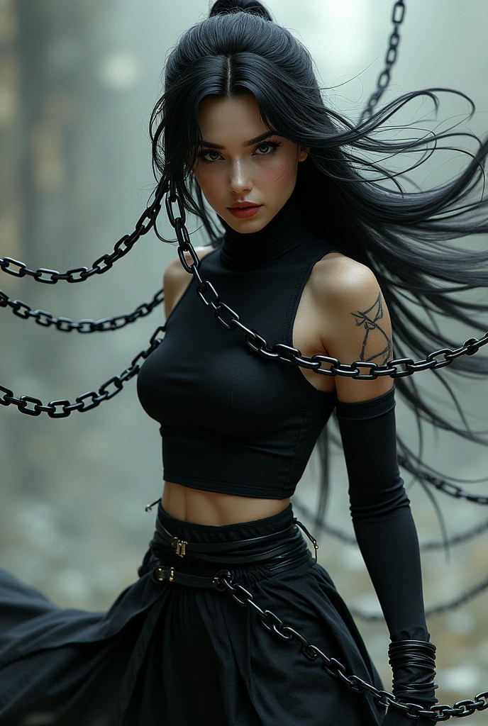 a female ninja with flowing black hair, intricate chained weaponry, chains emanating from all directions, chains flying randomly towards the viewer, strong sense of depth and perspective, highly detailed, ultra-realistic, cinematic lighting, dramatic color palette, masterpiece, award-winning digital art