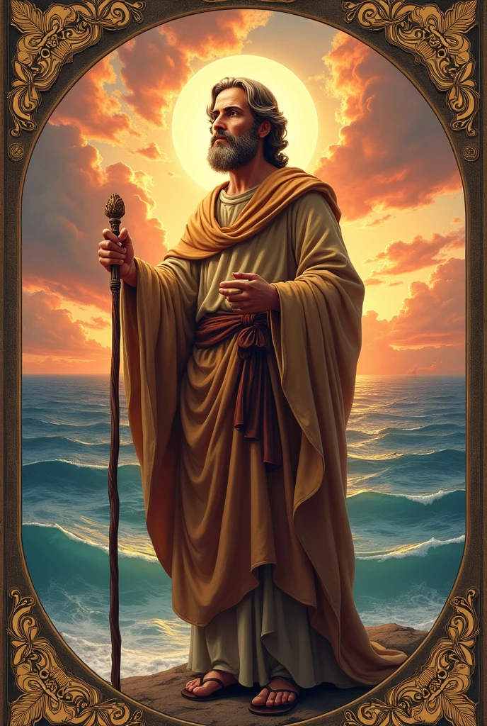 Bookmark of Saint Joseph, father of Jesus, and in the background the stunning sea at sunset