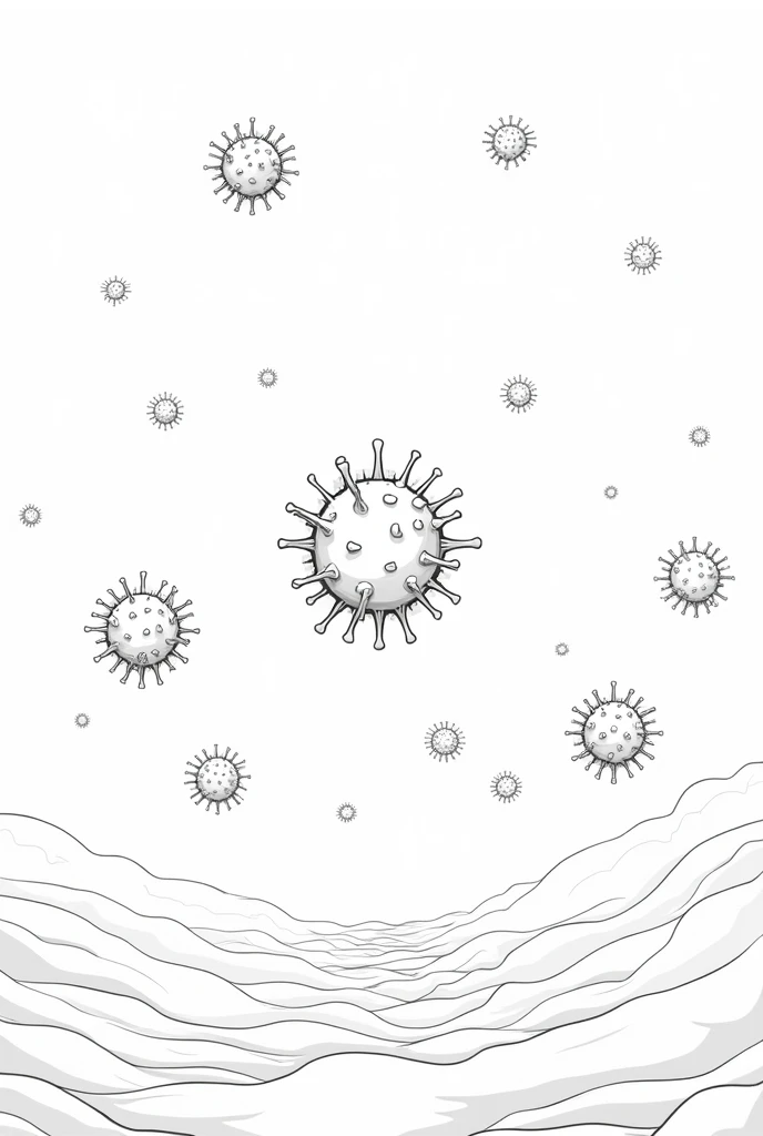 Make a black and white image related to covid 19/pandemic with some viruses in the air in coloring pages