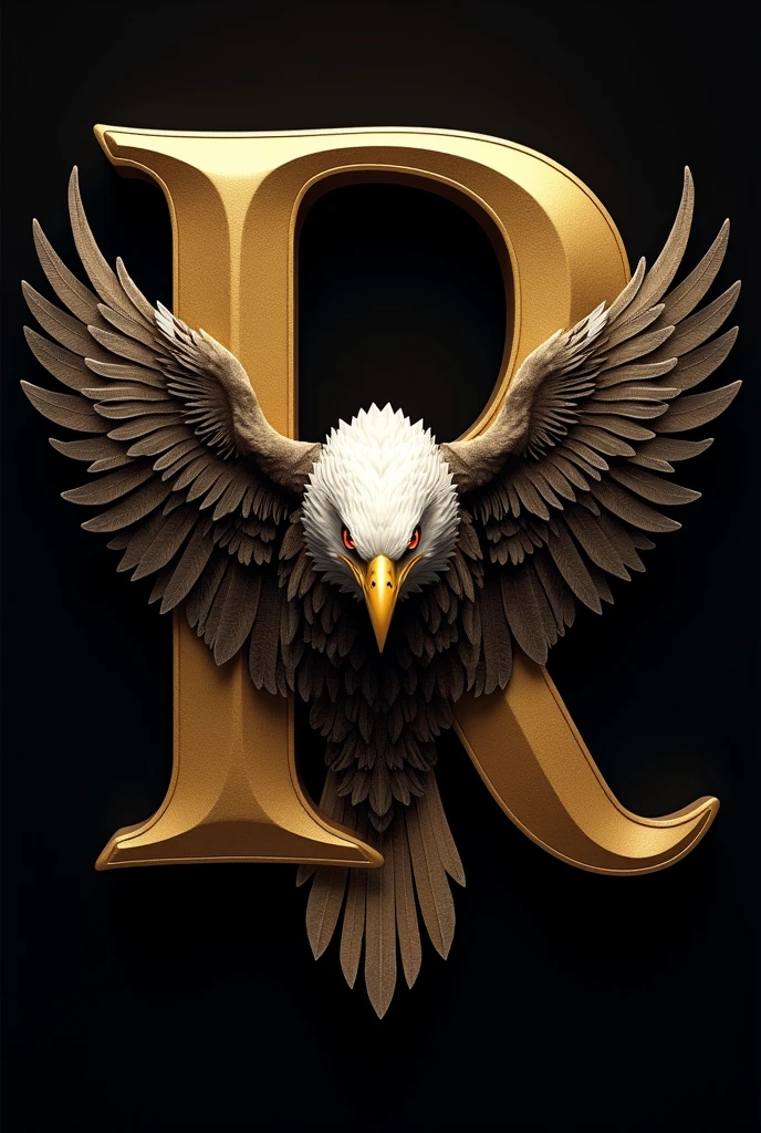 Create a large, gold letter R with a bald eagle head coming out of it, with gold and black feathers on the wings.,  all this on a black background
