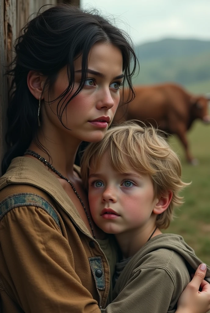 (photorealism:1.2), beautiful woman with poor clothes. Looking at her son. She seems worried. The son is about with blue eyes and light hair. In the background you can see a cottsge and a brown cow.