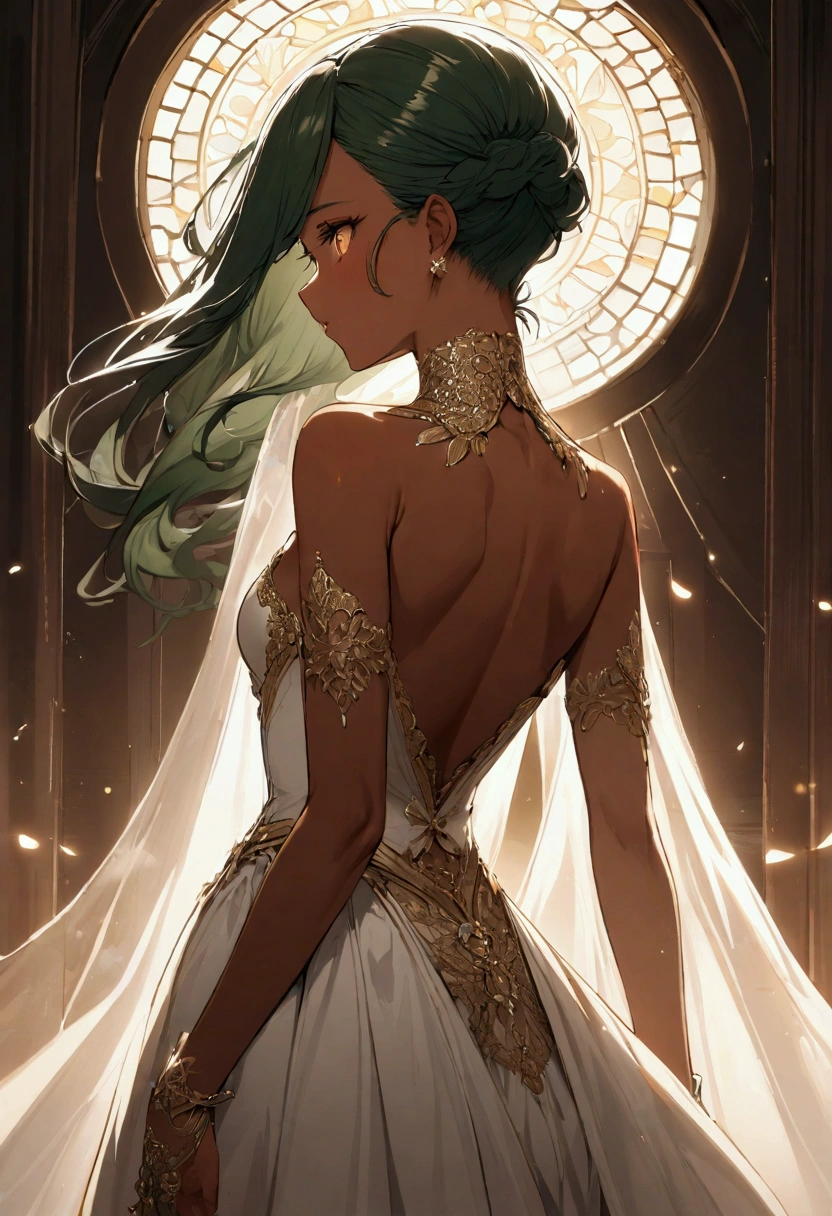 Tan skin Girl Back view
dark green long hair in the front and buzzcut at the back amber eyes
