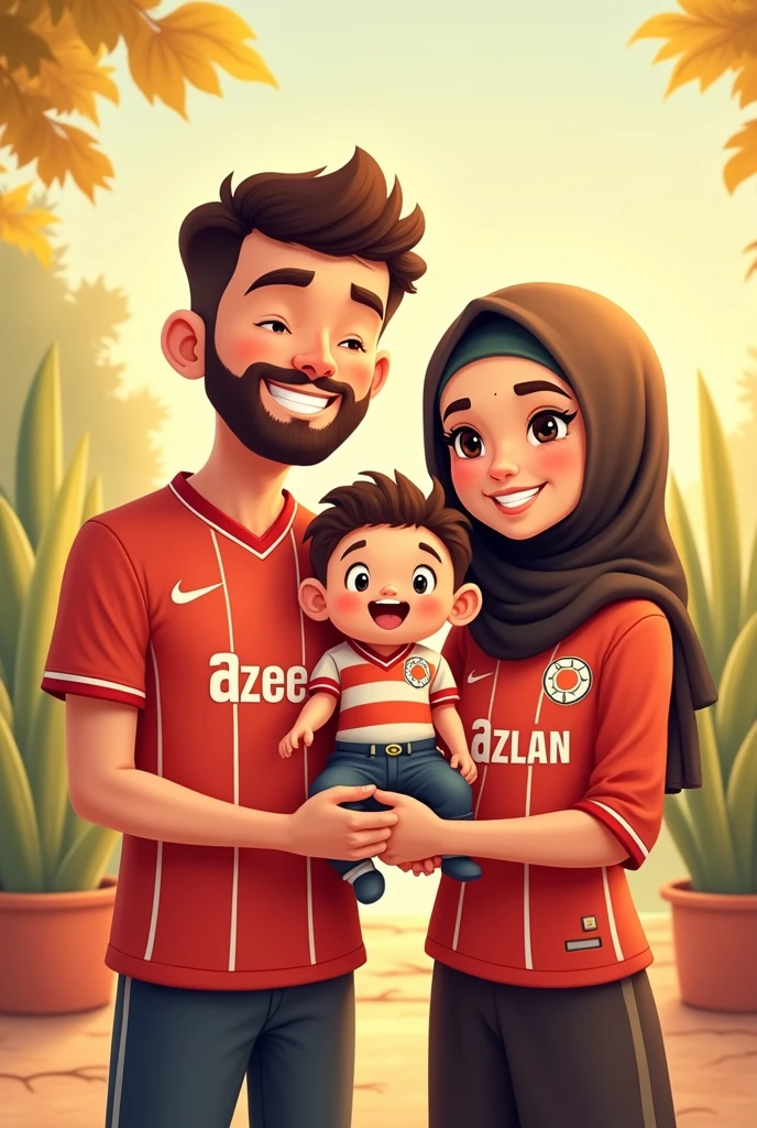 My self and my wife and son, 1 year baby all of us wearing jersey with names, no beard for me, wife is covering hair because Muslim
Wife name : Azeeza
Son name : Azlan
My name : Azeer
In cartoon pattern