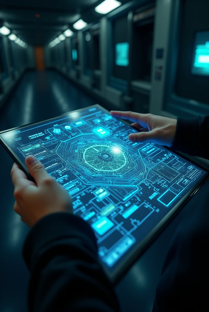 Spaceship internally, FIRST PERSON POINT of crew member holding a technological map of spacecraft locations with only the arms showing, dark climate with little lighting