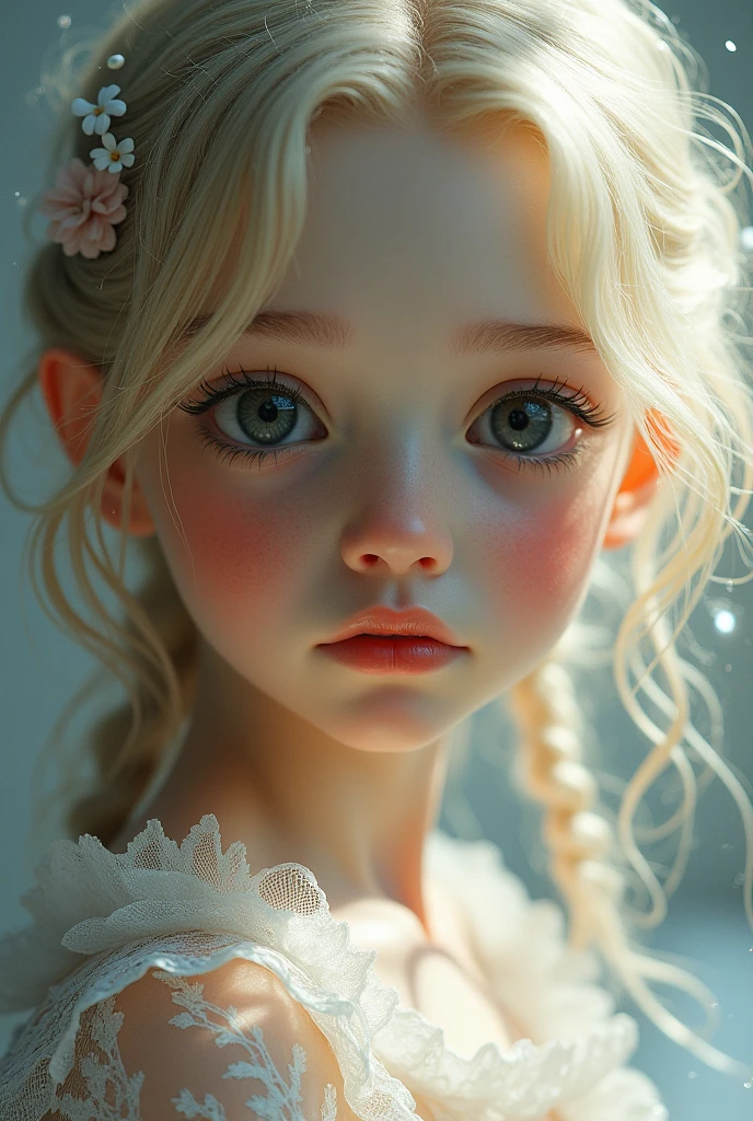 1 girl, blonde, black eyes like a doll, rosy cheeks and red lips, pale skin  