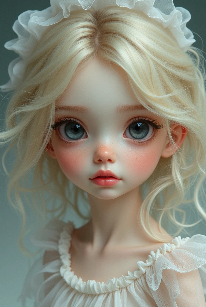 1 girl, blonde, black eyes like a doll, rosy cheeks and red lips, pale skin