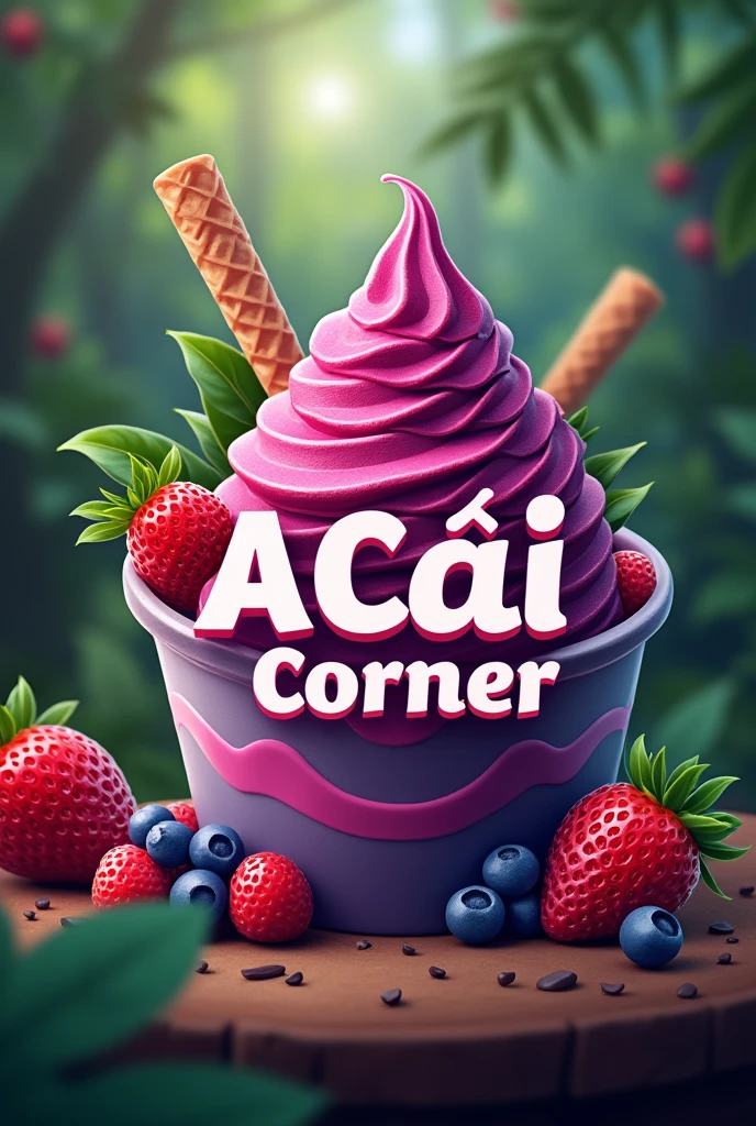 create a logo with the acai theme written "ice cream and açaí corner"
In Portuguese