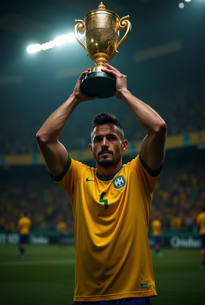 Create a very realistic photo of Pedro with the Brazil Cup trophy