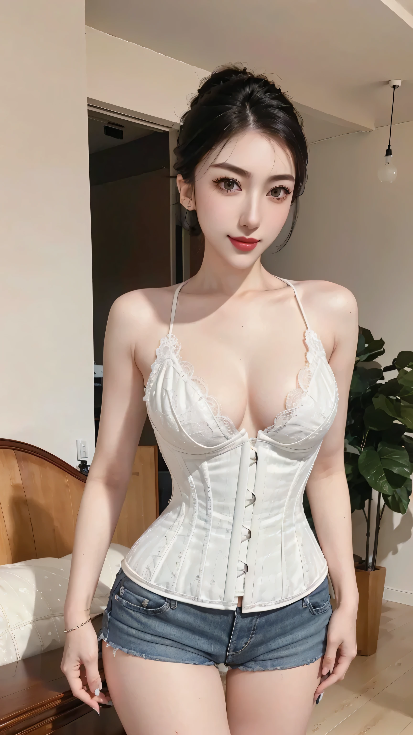 ((RAW photograph, Realistic photo, Best quality, 8K, Masterpiece: 1.3)), (raw photo:1.2), Hyperrealist portrait gorgeous Beautiful Chinese girl, young girl, 20 years old, pretty slender body, (beautiful breast: 1.2), very detailed eyes and face, (lustfully naughty face, crimson red lip, heavy makeup: 1.3, blushing), beautiful detailed eyes, seductive sharp eyes, (charming smile: 1.2), smooth white skin, photo realistic, very detailed faces, ((modern black lace corset lingerie, white denim shorts)), (long legs: 1.2, beautiful long nails), chignon hairstyle, ((standing poses)), (home living room background)