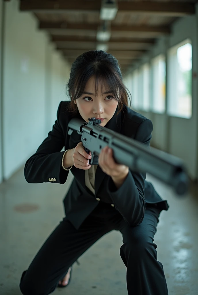 beautiful chinese office lady prone floor position shooting range rifle aiming legs spread