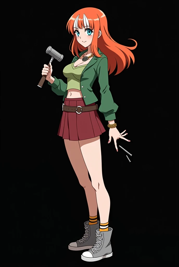 A full body image of an 1 girl named Hana Watanabe, personagem do anime "dragonball z", she is very beautiful, with medium length straight fire-colored hair with two white highlights in the front, framing your face. She has blue-green eyes and pale skin.. she is a Wiccan, she is in fighting pose. she wears a pentagram necklace, croped, glued skirt, beautiful women&#39;s high-top shoes and ¾-long socks, she holds a nail hammer and nails. It is drawn with Akira Toryama&#39;s animation. black backdrop.