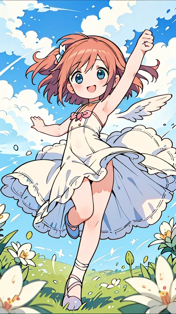 masterpiece, best quality, beautiful, cute visual art, girl (proportion: 1:5 heads), twin girl angel, cute, white wings, happy smile, short brown hair of different colors, blue-gray eyes, floating in the air {(wind power: 1.5)}, different colored dress {(long strappy embroidered dress details: 1.0)}, legs in ballerina pose (one leg stretched out and the other shrunken), Ezbian full body (strong wind blows), {{((the wind lifts her skirt revealing her panties))}}, panties {(white lace panties)}, flower hair ornament {(on the top of her head)}, looking at the viewer, space, blushing, big smile, no nose, cute style, pastel tones