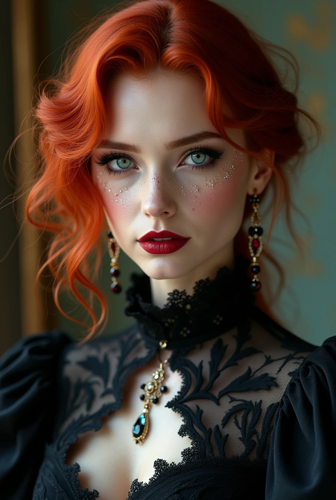 A very beautiful toreador vampire with extremely red hair, she has one blue eye and one green eye, she also has freckles, She has noble origins and is very fond of jewelry and always wears high heels., your high heel is elegant and chic, at the moment she is wearing modern 21st century clothes