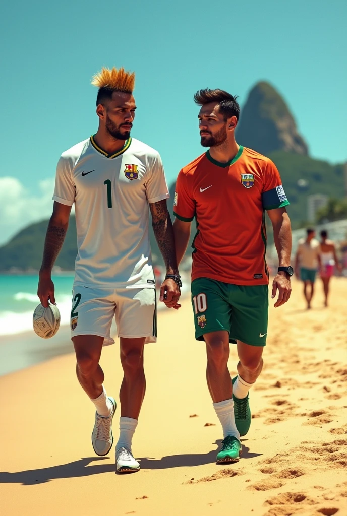 Neymar and Messi walking together in Copacabana