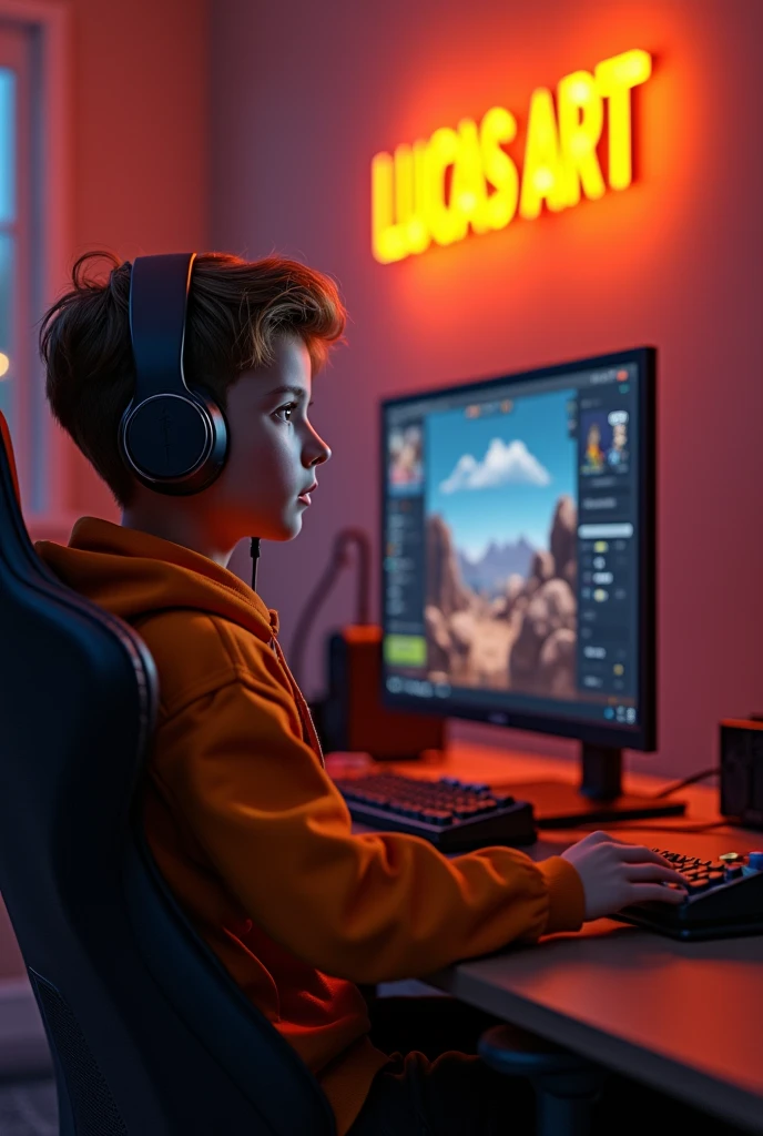 Create a realistic 3D image of a boy sitting in a gaming room on a gaming chair and playing the Free Fire app on his pc. The boy should be wearing a dark orange hoodie and headphones and his name "Lucas Artt" is written on the wall in orange neon light.