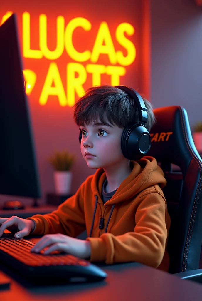 Create a realistic 3D image of a boy sitting in a gaming room on a gaming chair and playing the Free Fire app on his pc. The boy should be wearing a dark orange hoodie and headphones and his name "Lucas Artt" is written on the wall in orange neon light.