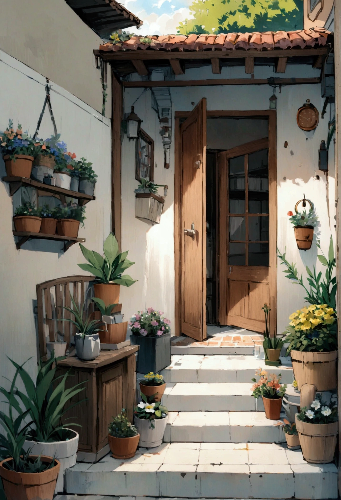 JZCG021,Flower shop,Coffee spots,gauges,a chair,No one,janelas,Flowers,a plant,Plants in pots,aquarelle (mediating),Landscapes,doors,air conditioner,picure (mediating),Traditional media,casa,Outdoors,terrazzo,architecture,Masterpiece,Best quality,High quality,a plant,, Masterpiece,Best quality,High quality,