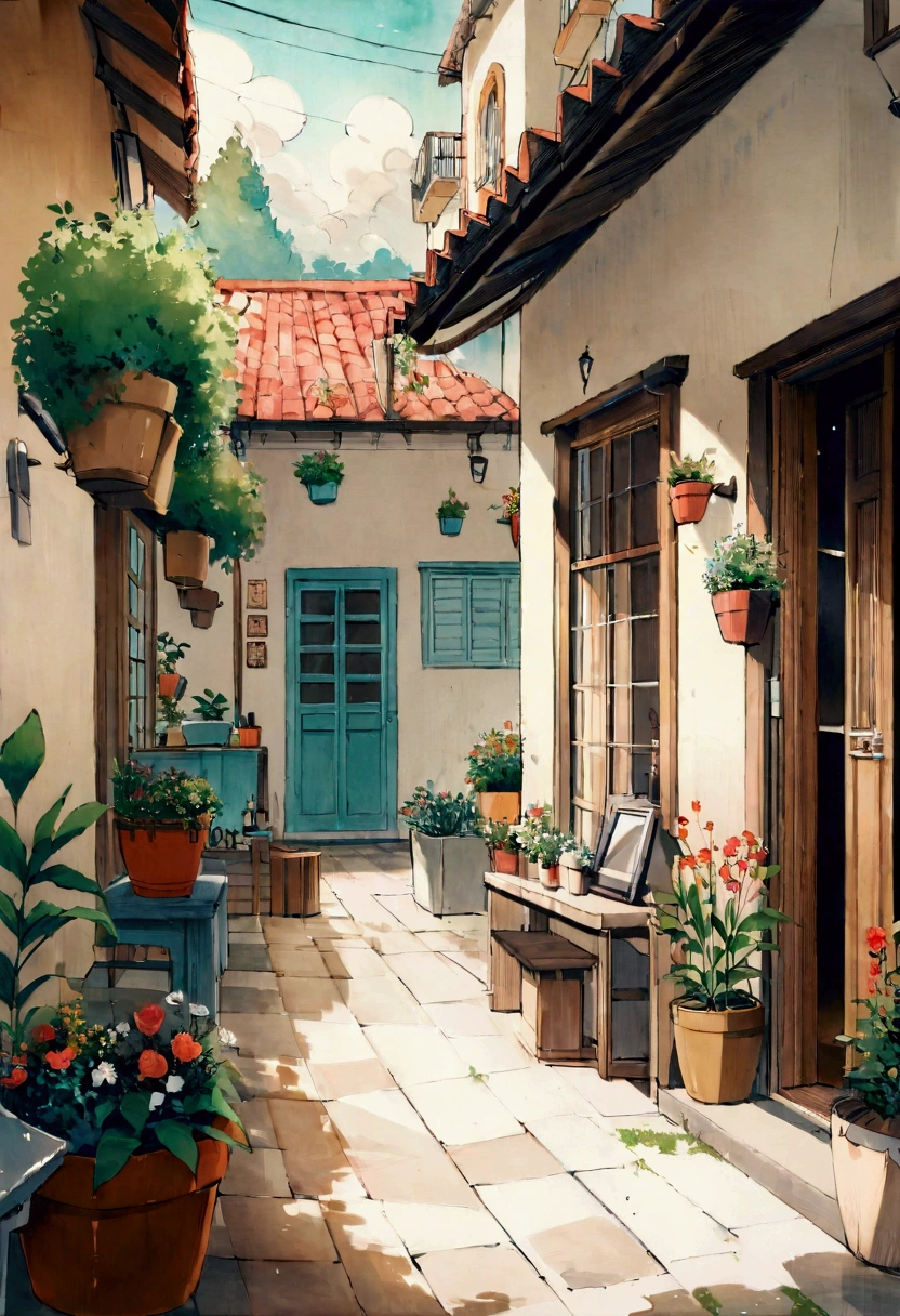 JZCG021,Flower shop,Coffee spots,gauges,a chair,No one,janelas,Flowers,a plant,Plants in pots,aquarelle (mediating),Landscapes,doors,air conditioner,picure (mediating),Traditional media,casa,Outdoors,terrazzo,architecture,Masterpiece,Best quality,High quality,a plant,, Masterpiece,Best quality,High quality,