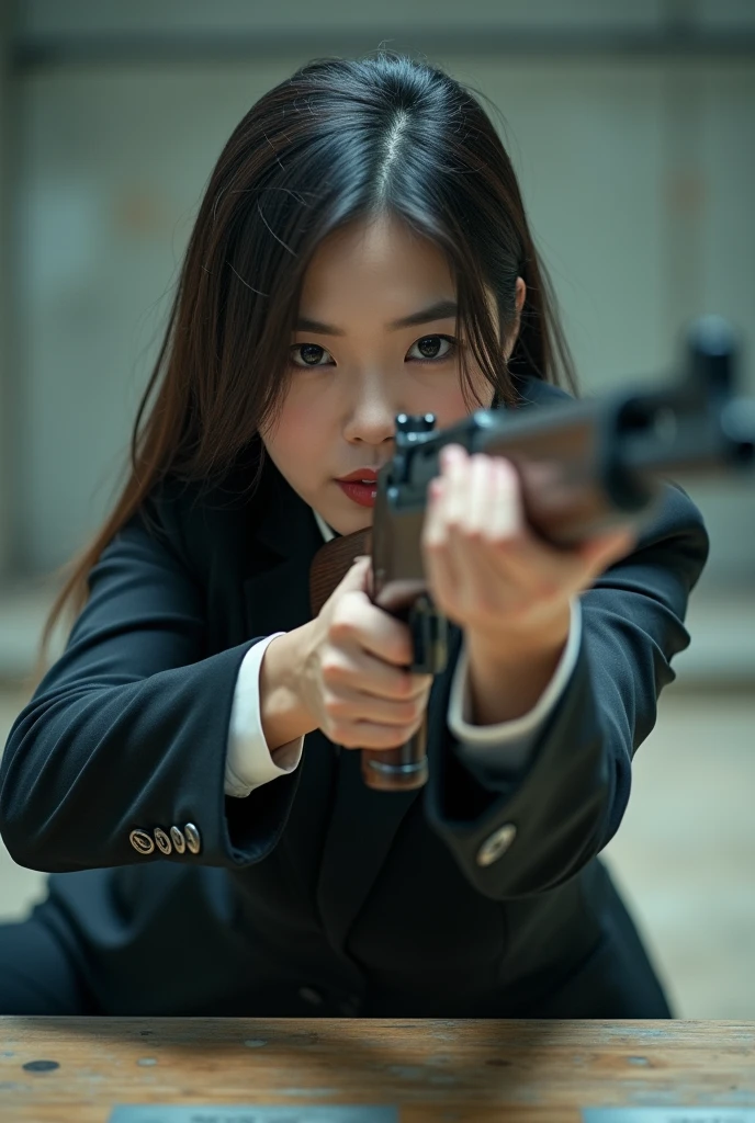 beautiful chinese office lady prone floor position shooting range rifle aiming legs spread