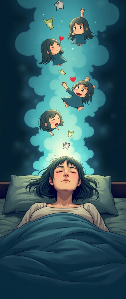 A tired looking woman is lying in the dark room with her eyes closed and in her imaginary world, with a bright mist over his head and in the mist many chibi anime characters smile and play happily