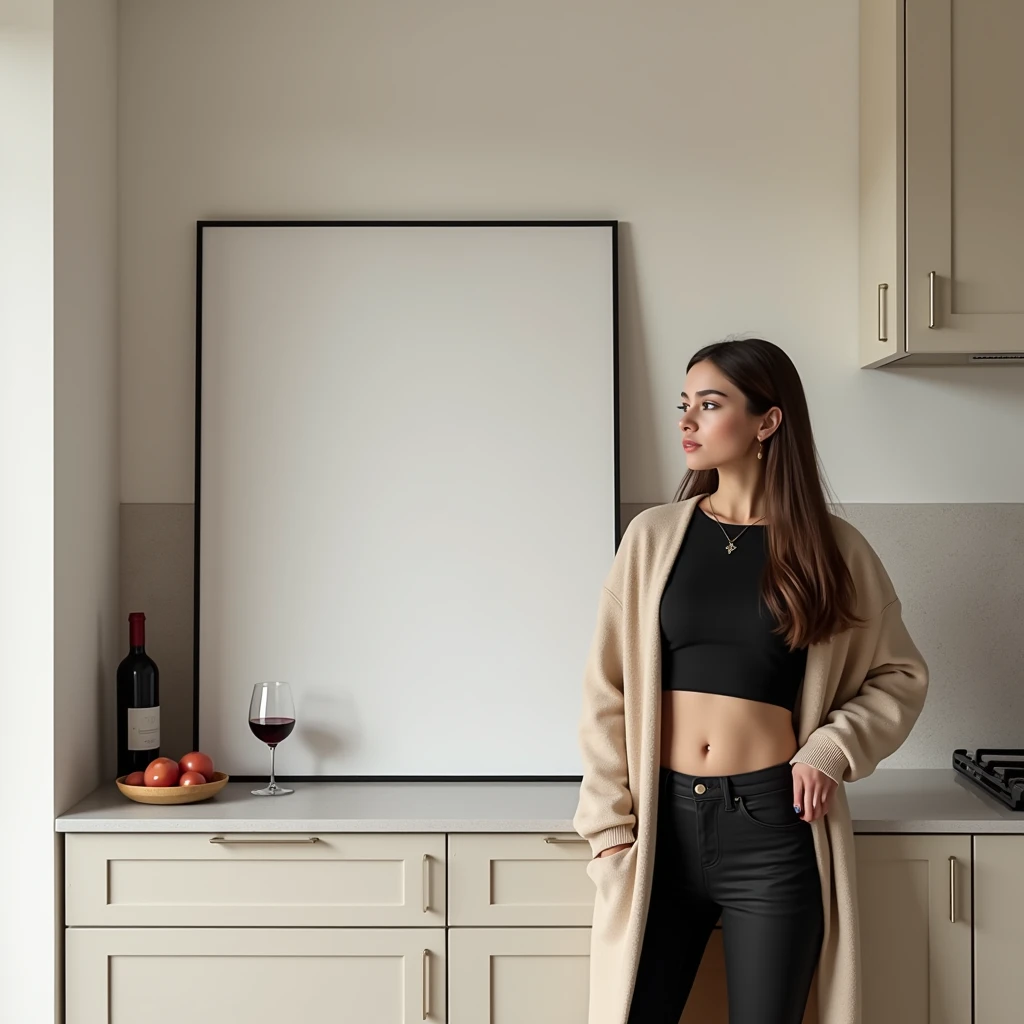 A young, attractive woman with long brown hair, wearing a casual black crop top and an open beige cardigan, stands confidently to the side of a modern kitchen. The kitchen has a minimalist design with clean lines, featuring light-colored cabinets and a smooth countertop. A thin, black wooden frame with a DIN A aspect ratio hangs on the wall beside her, displaying a completely blank white canvas. Beside her on the countertop, there’s a bottle of red wine and a glass half-filled with wine. The atmosphere is sophisticated yet relaxed, with soft lighting highlighting the scene
