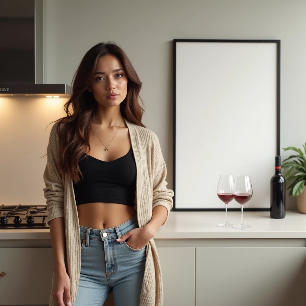 A young, attractive woman with long brown hair, wearing a casual black crop top and an open beige cardigan, stands confidently to the side of a modern kitchen. The kitchen has a minimalist design with clean lines, featuring light-colored cabinets and a smooth countertop. A thin, black wooden frame with a DIN A aspect ratio hangs on the wall beside her, displaying a completely blank white canvas. Beside her on the countertop, there’s a bottle of red wine and a glass half-filled with wine. The atmosphere is sophisticated yet relaxed, with soft lighting highlighting the scene