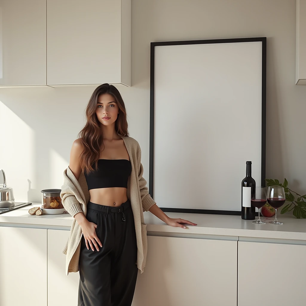 A young, attractive woman with long brown hair, wearing a casual black crop top and an open beige cardigan, stands confidently to the side of a modern kitchen. The kitchen has a minimalist design with clean lines, featuring light-colored cabinets and a smooth countertop. A thin, black wooden frame with a DIN A aspect ratio hangs on the wall beside her, displaying a completely blank white canvas. Beside her on the countertop, there’s a bottle of red wine and a glass half-filled with wine. The atmosphere is sophisticated yet relaxed, with soft lighting highlighting the scene