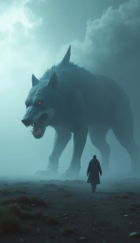 Gigantic mix breed of shark and wolf walking across a plain in the distance amid fog, blue haze, dark clouds, grimdark ,supense, unearthly, octan render, unreal engine , photorrealistic, hyper realism, highy detailed, high qualiy, intrincately detailed,Volumetric lighting, full character, 4K, ,hard disk ,Full HD, 8k, RTX, high resolution, detailed shadows, incredibily detailed, perfect, Dramatic scale