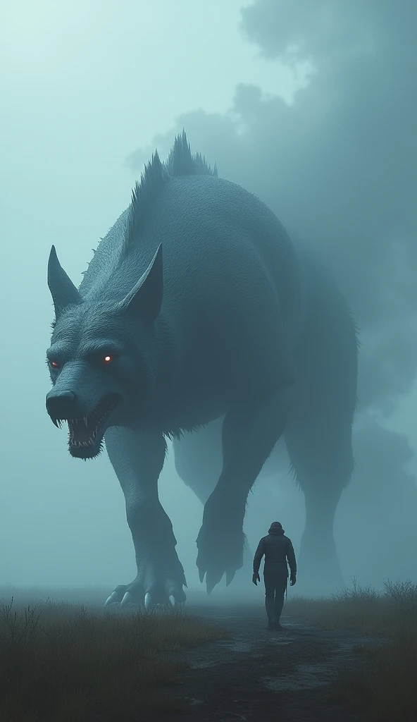 Gigantic mix breed of shark and wolf walking across a plain in the distance amid fog, blue  haze, dark clouds, grimdark ,supense, unearthly, octan render, unreal engine , photorrealistic, hyper realism, highy detailed, high qualiy, intrincately detailed,Volumetric lighting, full character, 4K, ,hard disk ,Full HD, 8k, RTX, high resolution, detailed shadows, incredibily detailed, perfect, Dramatic scale
