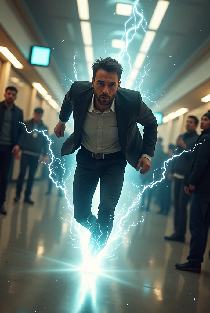 A dynamic shot showing John moving at super speed, depicted as a streak of light zipping through the bank. He is shown in multiple positions, disarming a robber, knocking another to the ground, and tying them up with rope, all within the same frame to emphasize his incredible speed.make the trails of thunder behind him be White and straight,let people stand around him as he runs through, let him not were a costume