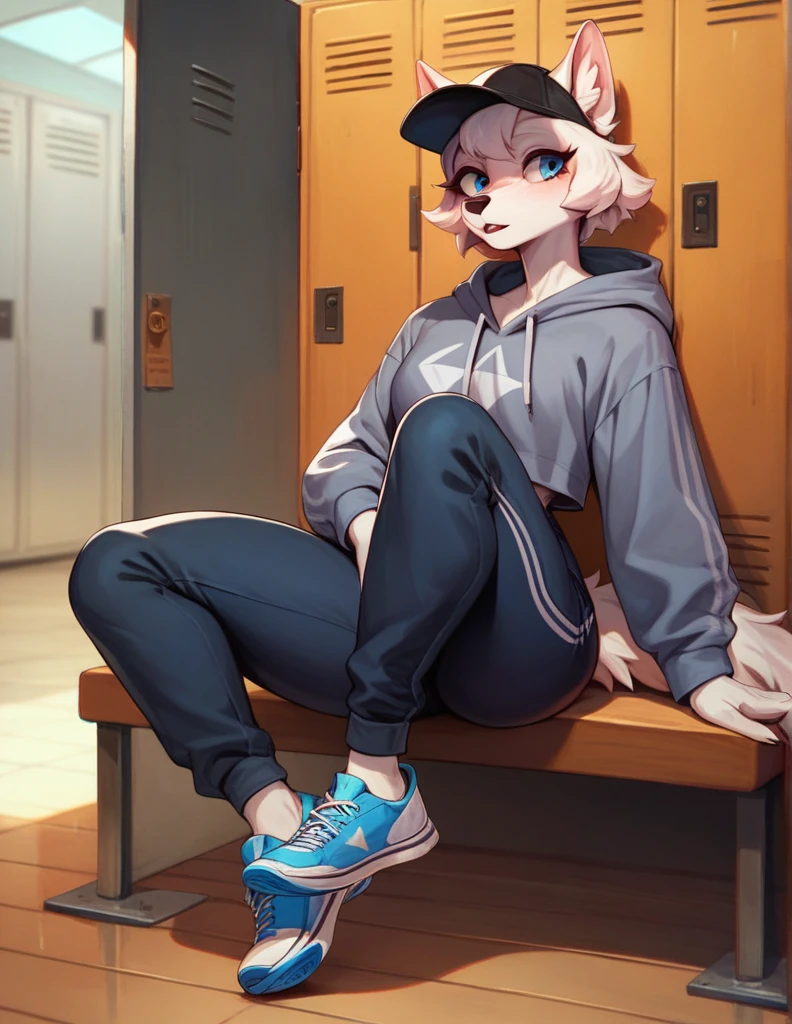 Anthropomorphic albino wolf, feminine, blue eyes, wearing a slightly gray sweatshirt, a black cap under the hood, gray wide pants, All star brand sneakers, leaning against a locker inside a high school