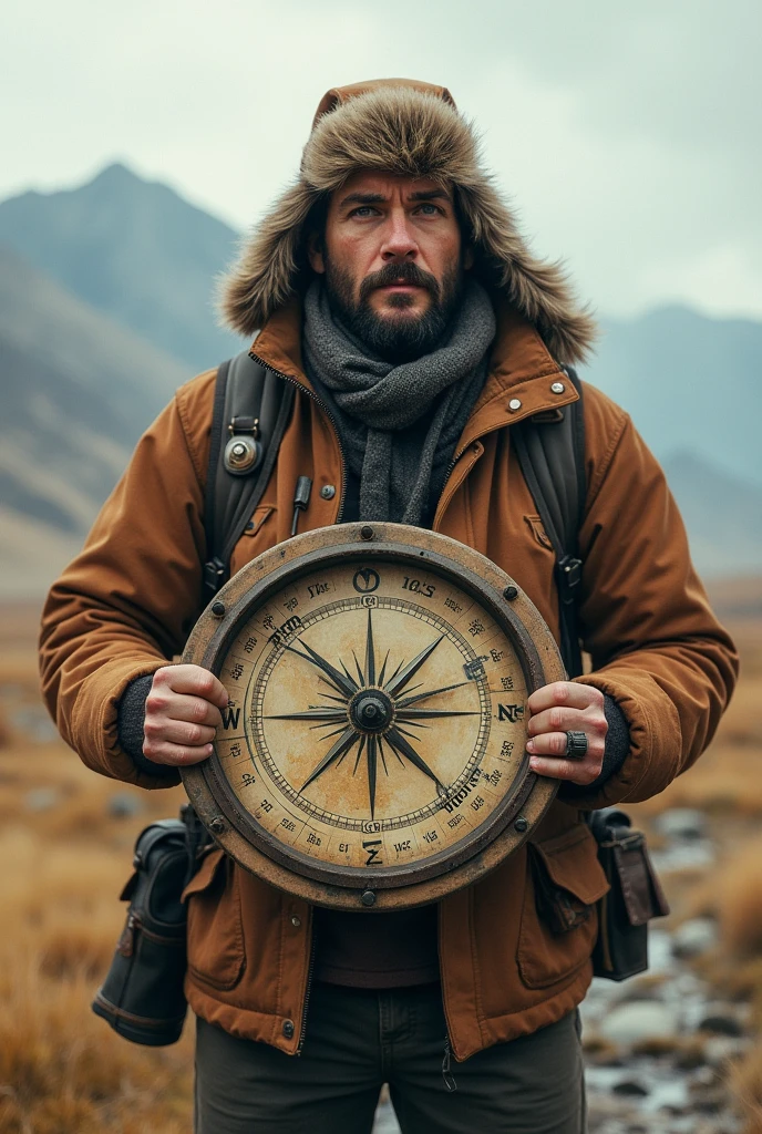 a person , with a big compass , try to go with it