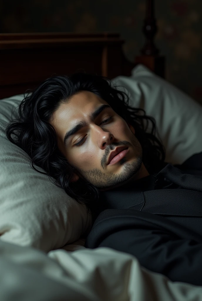 A Handsome Hot Aesthetic 1 Targaryen Prince with long curly black hair sleeping on a bed.his beautiful Face with sharp jaw