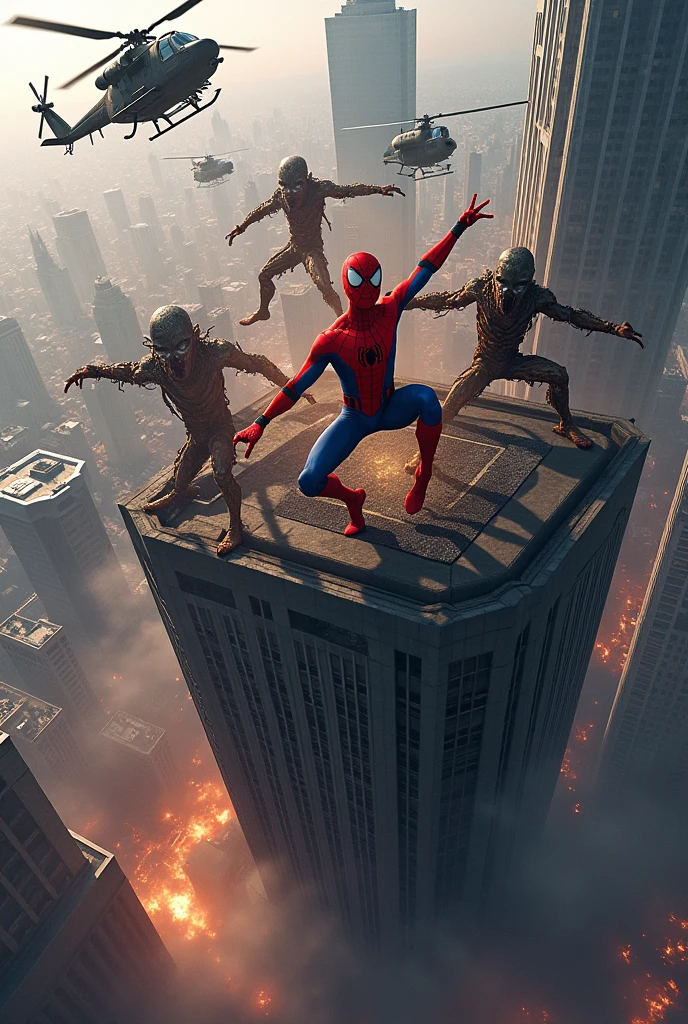 A fierce battle between Spider-Man and the aliens on top of the building. Some helicopters are also firing at the aliens. It looks like Spider-Man is going to win the battle with the aliens and he is beating the aliens badly.