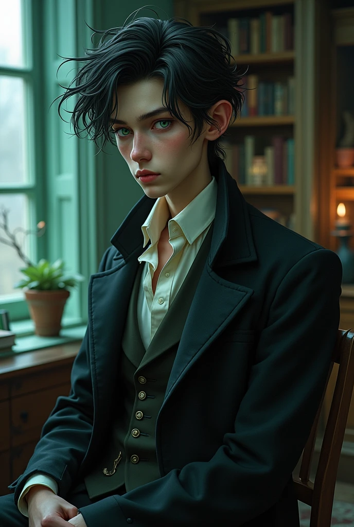 Tall thin man, cloudy green eyes, raven hair, ear length hair, jade like skin, pale skin, british professor outfit, messy outfit, cosy room, cold colors, correct anatomy