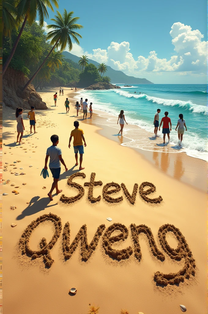 Name"Steve qweng" deep handwritten on kenyan beach sand with some teens around