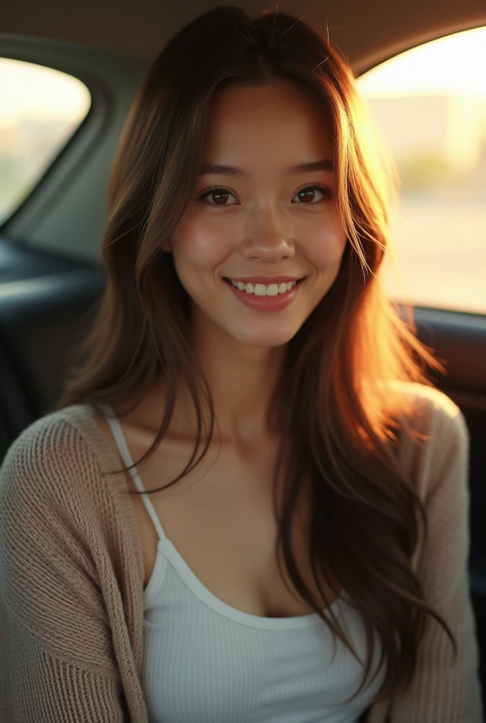 A beautiful young woman is sitting in a car with a gentle smile. She has long, straight, and shiny brown hair cascading over her shoulders. Her skin is glowing with natural light, showing a soft, warm complexion. She has dimples on her cheeks, subtly highlighted as she smiles. She wears a light cardigan over a white top, and her overall look is relaxed and casual. The background shows the inside of a car, with sunlight streaming in through the window, giving the scene a soft, golden-hour ambiance