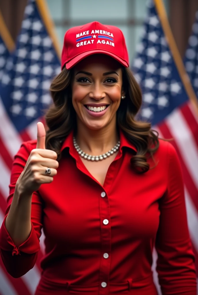 kamala harris as a republican with make america great again hat and trump flags behind her wearing a red shirt with her thumb up 