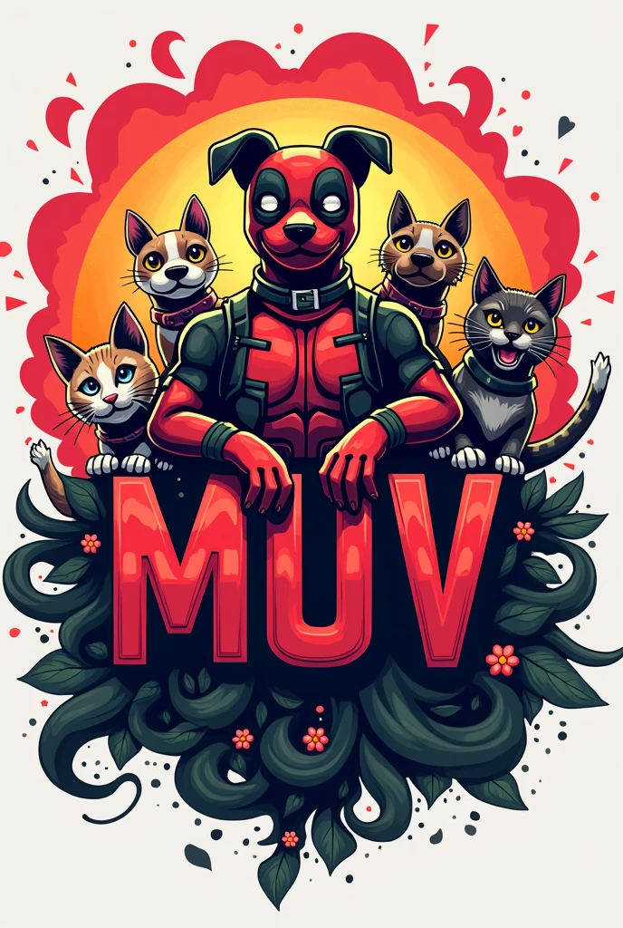 Logo with the letters MUV and dogs and cats like Deadpool