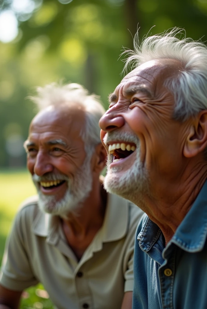 Close-up of faces of elderly Latino men laughing out loud, deep wrinkles around eyes and mouth, natural and some missing teeth visible, brown skin with age spots, white hair blown by the wind, soft mid-afternoon light filtering through the leaves of the trees in a quiet park, flashes of light in their eyes wet with laughter, blurred background of green vegetation and wild flowers, expressions of authentic joy and complicity, atmosphere of warmth and carefree, hyper-realistic photography, Nikon D850 camera with Nikkor 105mm f/1.4E ED lens, f/2 aperture for precise focus on the eyes, diffused natural lighting with silver reflector to soften shadows, --ar 1:1 --v 5