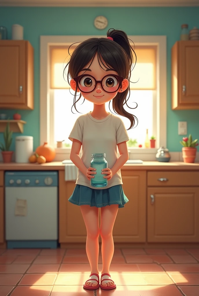 A town young big girl with specs and tied hair in a ponytail wearing tshirt and mini skirt. She hold a jar filled with water in kitchen