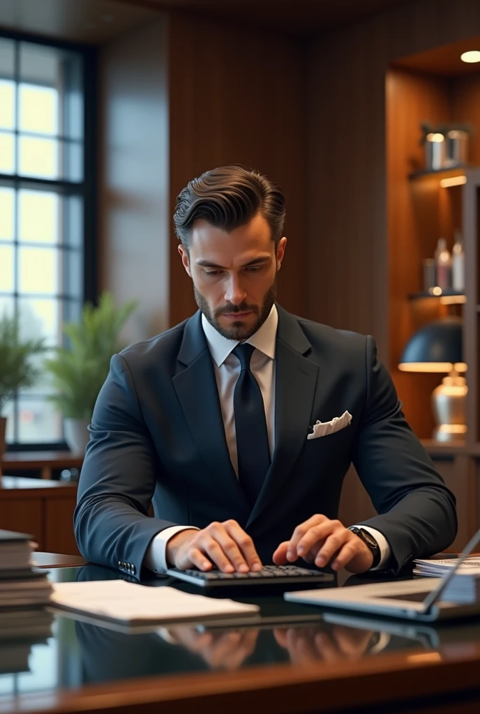 Handsome and attractive me working on calculator wearing formal suit luxurious office