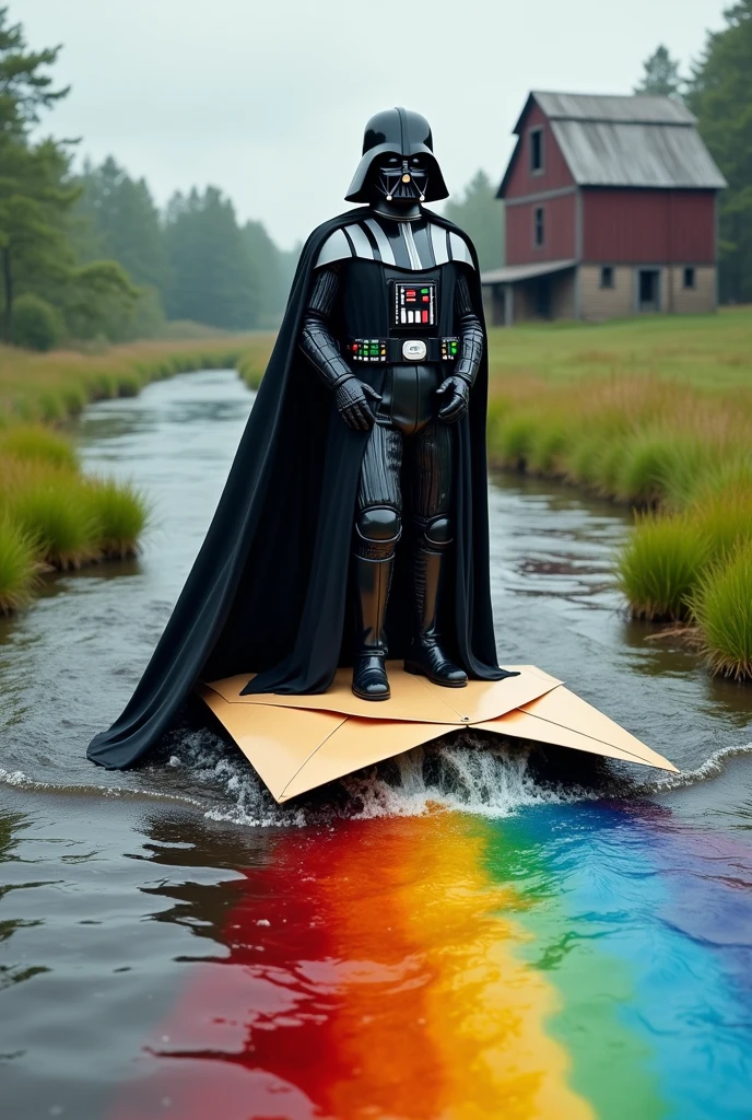 Darth Vader from Star Wars surfing on an envelope on a rainbow flowing river with a barn as the background and grass to the side