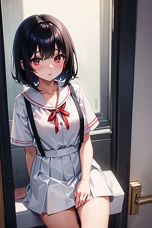 , black hair, bob cut, white blouse, red suspender skirt, school toilet, Hanako-san, late night, ghost story, madness, fear, darkness, gloomy