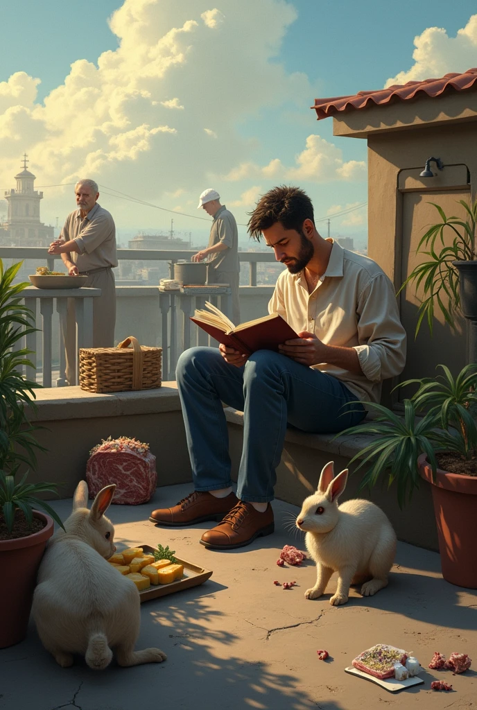 A man reading a book at rooftop with weed and some ciggerate also he has a two rabit beside the weed and he has two goat seating on the reeling and one old man cutting beef and one man is cooking that piece of beef