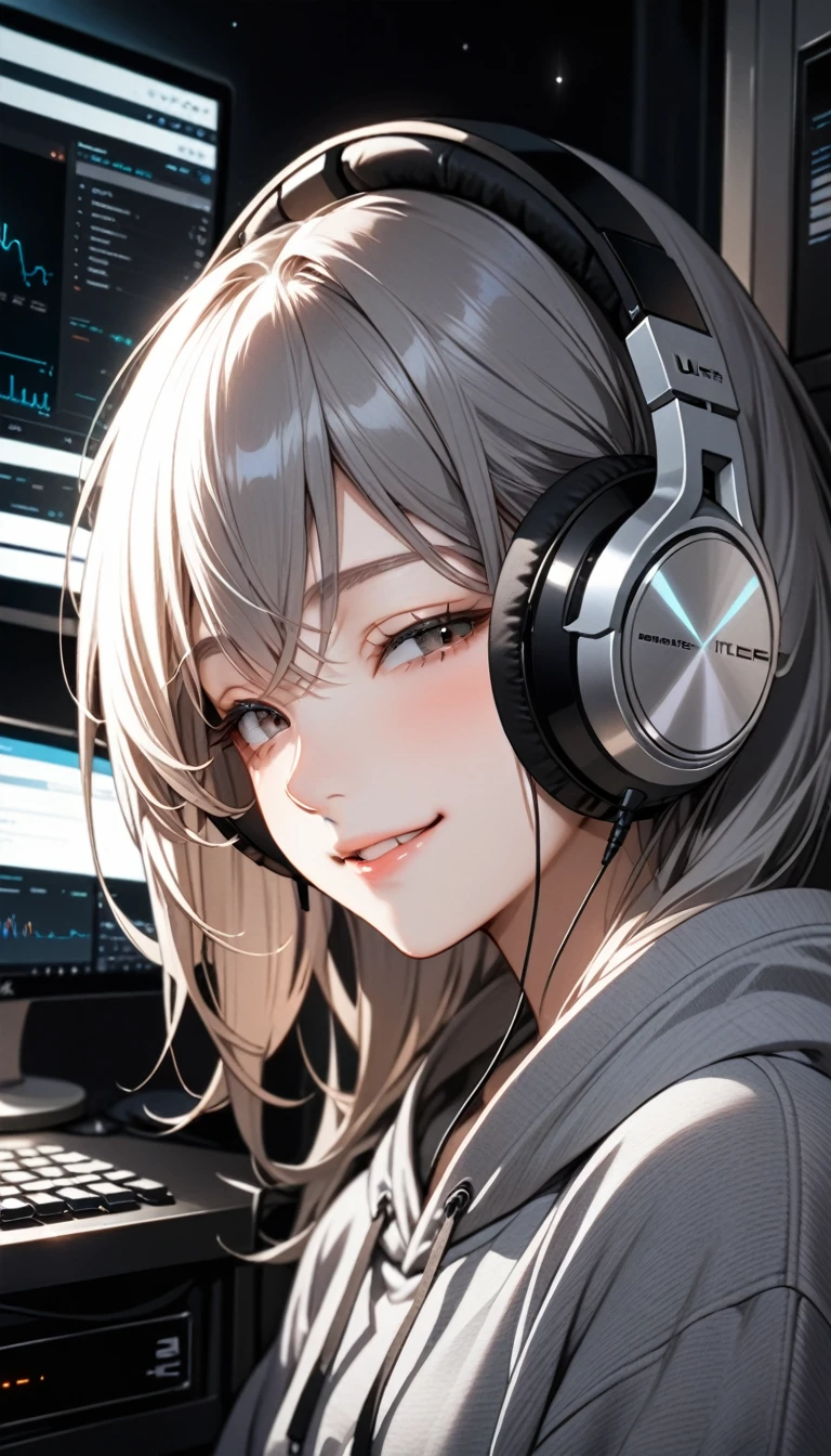 High resolution, masterpiece, Highest quality, Ultra high definition, One person, solo, Beautiful Face, Close your eyes and smile, Close-up, Grey sweatshirt hoodie, Headphones, Night room, machine, machineに一冊本がある。There is one computer
